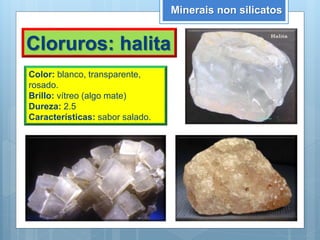 Minerais non silicatos
Cloruros: halita
Color: blanco, transparente,
rosado.
Brillo: vítreo (algo mate)
Dureza: 2.5
Características: sabor salado.
 