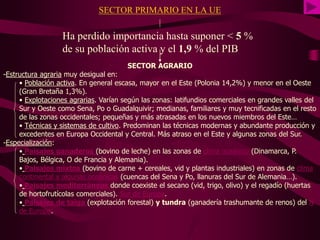 SECTOR PRIMARIO EN LA UE
Ha perdido importancia hasta suponer < 5 %
de su población activa y el 1,9 % del PIB
SECTOR AGRARIO
-Estructura agraria muy desigual en:
• Población activa. En general escasa, mayor en el Este (Polonia 14,2%) y menor en el Oeste
(Gran Bretaña 1,3%).
• Explotaciones agrarias. Varían según las zonas: latifundios comerciales en grandes valles del
Sur y Oeste como Sena, Po o Guadalquivir; medianas, familiares y muy tecnificadas en el resto
de las zonas occidentales; pequeñas y más atrasadas en los nuevos miembros del Este…
• Técnicas y sistemas de cultivo. Predominan las técnicas modernas y abundante producción y
excedentes en Europa Occidental y Central. Más atraso en el Este y algunas zonas del Sur.
-Especialización:
• Paisajes ganaderos (bovino de leche) en las zonas de clima oceánico (Dinamarca, P.
Bajos, Bélgica, O de Francia y Alemania).
• Paisajes mixtos (bovino de carne + cereales, vid y plantas industriales) en zonas de clima
continental y algunas oceánicas (cuencas del Sena y Po, llanuras del Sur de Alemania…).
• Paisajes mediterráneos donde coexiste el secano (vid, trigo, olivo) y el regadío (huertas
de hortofrutícolas comerciales). Sur de Europa.
• Paisajes de taiga (explotación forestal) y tundra (ganadería trashumante de renos) del N
de Europa.
 