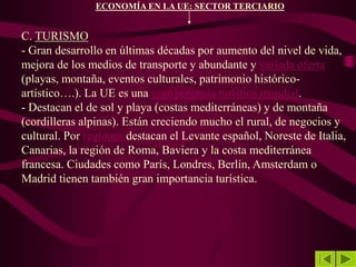 ECONOMÍA EN LA UE: SECTOR TERCIARIO
C. TURISMO
- Gran desarrollo en últimas décadas por aumento del nivel de vida,
mejora de los medios de transporte y abundante y variada oferta
(playas, montaña, eventos culturales, patrimonio histórico-
artístico….). La UE es una gran potencia turística mundial.
- Destacan el de sol y playa (costas mediterráneas) y de montaña
(cordilleras alpinas). Están creciendo mucho el rural, de negocios y
cultural. Por regiones destacan el Levante español, Noreste de Italia,
Canarias, la región de Roma, Baviera y la costa mediterránea
francesa. Ciudades como París, Londres, Berlín, Amsterdam o
Madrid tienen también gran importancia turística.
 
