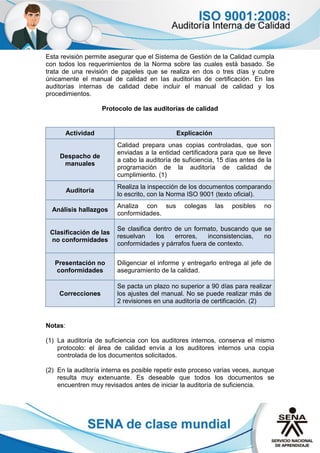 Esta revisión permite asegurar que el Sistema de Gestión de la Calidad cumpla
con todos los requerimientos de la Norma sobre las cuales está basado. Se
trata de una revisión de papeles que se realiza en dos o tres días y cubre
únicamente el manual de calidad en las auditorías de certificación. En las
auditorías internas de calidad debe incluir el manual de calidad y los
procedimientos.
Protocolo de las auditorías de calidad
Actividad Explicación
Despacho de
manuales
Calidad prepara unas copias controladas, que son
enviadas a la entidad certificadora para que se lleve
a cabo la auditoría de suficiencia, 15 días antes de la
programación de la auditoría de calidad de
cumplimiento. (1)
Auditoría
Realiza la inspección de los documentos comparando
lo escrito, con la Norma ISO 9001 (texto oficial).
Análisis hallazgos
Analiza con sus colegas las posibles no
conformidades.
Clasificación de las
no conformidades
Se clasifica dentro de un formato, buscando que se
resuelvan los errores, inconsistencias, no
conformidades y párrafos fuera de contexto.
Presentación no
conformidades
Diligenciar el informe y entregarlo entrega al jefe de
aseguramiento de la calidad.
Correcciones
Se pacta un plazo no superior a 90 días para realizar
los ajustes del manual. No se puede realizar más de
2 revisiones en una auditoría de certificación. (2)
Notas:
(1) La auditoría de suficiencia con los auditores internos, conserva el mismo
protocolo: el área de calidad envía a los auditores internos una copia
controlada de los documentos solicitados.
(2) En la auditoría interna es posible repetir este proceso varias veces, aunque
resulta muy extenuante. Es deseable que todos los documentos se
encuentren muy revisados antes de iniciar la auditoría de suficiencia.
 