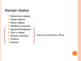Manejar objetos
 Seleccionar objetos
 Copiar objetos
 Mover objetos
 Modificar el tamaño
 Agrupar/Desagrupar
 Girar y voltear
 Alinear y distribuir
 Ordenar
 Eliminar
Barra de herramientas: Dibujo
 