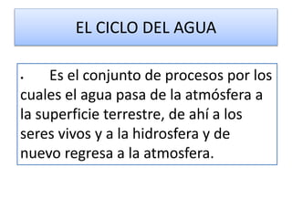 EL CICLO DEL AGUA
• Es el conjunto de procesos por los
cuales el agua pasa de la atmósfera a
la superficie terrestre, de ahí a los
seres vivos y a la hidrosfera y de
nuevo regresa a la atmosfera.
 