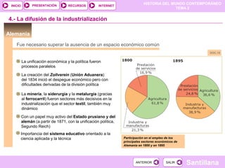 HISTORIA DEL MUNDO CONTEMPORÁNEO
TEMA 2
RECURSOS INTERNETPRESENTACIÓN
Santillana
INICIO
SALIRSALIRANTERIORANTERIOR
Alemania
4.- La difusión de la industrialización
Fue necesario superar la ausencia de un espacio económico común
La unificación económica y la política fueron
procesos paralelos
La creación del Zollverein (Unión Aduanera)
del 1834 inició el despegue económico pero con
dificultades derivadas de la división política
Participación en el empleo de los
principales sectores económicos de
Alemania en 1800 y en 1895
DOC.19
Con un papel muy activo del Estado prusiano y del
alemán (a partir de 1871, con la unificación política,
Segundo Reich)
La minería, la siderurgia y la metalurgia (gracias
al ferrocarril) fueron sectores más decisivos en la
industrialización que el sector textil, también muy
dinámico
Importancia del sistema educativo orientado a la
ciencia aplicada y la técnica
 