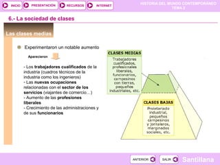 HISTORIA DEL MUNDO CONTEMPORÁNEO
TEMA 2
RECURSOS INTERNETPRESENTACIÓN
Santillana
INICIO
SALIRSALIRANTERIORANTERIOR
6.- La sociedad de clases
Las clases medias
Experimentaron un notable aumento
- Los trabajadores cualificados de la
industria (cuadros técnicos de la
industria como los ingenieros)
- Las nuevas ocupaciones
relacionadas con el sector de los
servicios (viajantes de comercio…)
- Aumento de las profesiones
liberales
- Crecimiento de las administraciones y
de sus funcionarios
Aparecieron
 