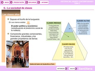 HISTORIA DEL MUNDO CONTEMPORÁNEO
TEMA 2
RECURSOS INTERNETPRESENTACIÓN
Santillana
INICIO
SALIRSALIRANTERIORANTERIOR
6.- La sociedad de clases
Las clases altas
Supuso el triunfo de la burguesía
En sus manos estaba
El poder político y económico
(substituyendo el predominio social de
la nobleza)
Comprendía grandes comerciantes,
financieros, industriales y los
grandes propietarios de tierras
Salida del teatro de Vaudeville en París
 