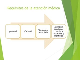 Requisitos de la atención médica
Igualdad Calidad
Tecnología
apropiada
Atención
oportuna,
completa,
accesible y
científica
 