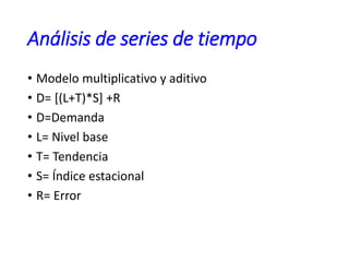 Análisis de series de tiempo
• Modelo multiplicativo y aditivo
• D= [(L+T)*S] +R
• D=Demanda
• L= Nivel base
• T= Tendencia
• S= Índice estacional
• R= Error
 