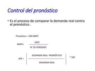 Control del pronóstico
• Es el proceso de comparar la demanda real contra
el pronóstico .
Pronóstico = 100-MAPE
MAPE=
ΣAPE
N° DE PERÍODOS
APE =
DEMANDA REAL- PRONÓSTICO
DEMANDA REAL
* 100
 