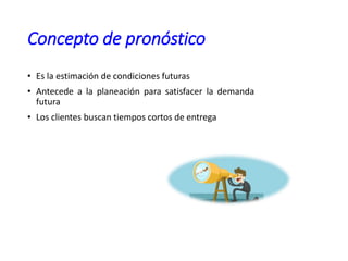 Concepto de pronóstico
• Es la estimación de condiciones futuras
• Antecede a la planeación para satisfacer la demanda
futura
• Los clientes buscan tiempos cortos de entrega
 