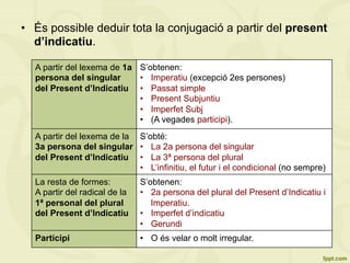 •  És possible deduir tota la conjugació a partir del present
d’indicatiu.
A partir del lexema de 1a
persona del singular
del Present d’Indicatiu
S’obtenen:
•  Imperatiu (excepció 2es persones)
•  Passat simple
•  Present Subjuntiu
•  Imperfet Subj
•  (A vegades participi).
A partir del lexema de la
3a persona del singular
del Present d’Indicatiu
S’obté:
•  La 2a persona del singular
•  La 3ª persona del plural
•  L’infinitiu, el futur i el condicional (no sempre)
La resta de formes:
A partir del radical de la
1ª personal del plural
del Present d’Indicatiu
S’obtenen:
•  2a persona del plural del Present d’Indicatiu i
Imperatiu.
•  Imperfet d’indicatiu
•  Gerundi
Participi •  O és velar o molt irregular.
 