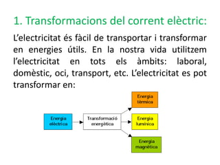 1. Transformacions del corrent elèctric:
L’electricitat és fàcil de transportar i transformar
en energies útils. En la nostra vida utilitzem
l’electricitat en tots els àmbits: laboral,
domèstic, oci, transport, etc. L’electricitat es pot
transformar en:
 