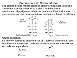Precursores de Carbohidratos.
Los carbohidratos monosacáridos están formado por un grupo
Carbonilo. Son Azucares el cual e...