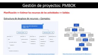 Gestión de proyectos: PMBOK
Planificación >> Estimar los recursos de las actividades >> Salidas
Estructura de desglose de recursos – Ejemplos:
http://todopmp.com/estimar-los-recursos-las-actividades/ https://ocw.unican.es/course/view.php?id=23&section=1
 