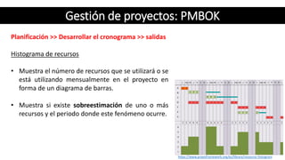 Gestión de proyectos: PMBOK
Planificación >> Desarrollar el cronograma >> salidas
Histograma de recursos
• Muestra el número de recursos que se utilizará o se
está utilizando mensualmente en el proyecto en
forma de un diagrama de barras.
• Muestra si existe sobreestimación de uno o más
recursos y el periodo donde este fenómeno ocurre.
https://www.praxisframework.org/es/library/resource-histogram
 