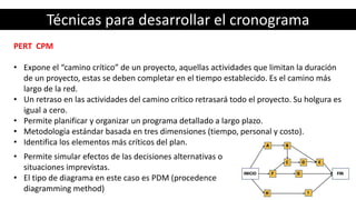 Técnicas para desarrollar el cronograma
PERT CPM
• Expone el “camino crítico” de un proyecto, aquellas actividades que limitan la duración
de un proyecto, estas se deben completar en el tiempo establecido. Es el camino más
largo de la red.
• Un retraso en las actividades del camino crítico retrasará todo el proyecto. Su holgura es
igual a cero.
• Permite planificar y organizar un programa detallado a largo plazo.
• Metodología estándar basada en tres dimensiones (tiempo, personal y costo).
• Identifica los elementos más críticos del plan.
• Permite simular efectos de las decisiones alternativas o
situaciones imprevistas.
• El tipo de diagrama en este caso es PDM (procedence
diagramming method)
 