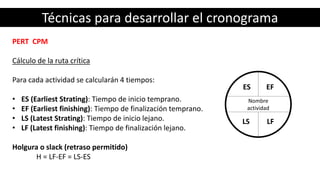 Técnicas para desarrollar el cronograma
PERT CPM
Cálculo de la ruta crítica
Para cada actividad se calcularán 4 tiempos:
• ES (Earliest Strating): Tiempo de inicio temprano.
• EF (Earliest finishing): Tiempo de finalización temprano.
• LS (Latest Strating): Tiempo de inicio lejano.
• LF (Latest finishing): Tiempo de finalización lejano.
Holgura o slack (retraso permitido)
H = LF-EF = LS-ES
Nombre
actividad
LS LF
ES EF
 