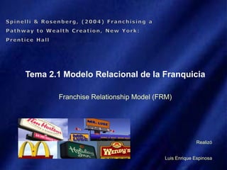 Tema 2.1 Modelo Relacional de la Franquicia

        Franchise Relationship Model (FRM)




                                                    Realizó


                                       Luis Enrique Espinosa
 