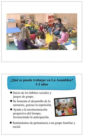 ¿Qué se puede trabajar en La Asamblea?
                1-2 años

 Inicio de los hábitos sociales y
  juegos de grupo.
 Se fomenta el desarrollo de la
  memoria, gracias la repetición.
 Ayuda a la reestructuración
  progresiva del tiempo,
  favoreciendo la anticipación.
 Sentimientos de pertenencia a un grupo familiar y
  social.
 