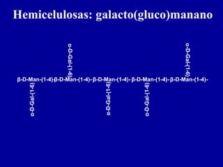 Hemicelulosas: galacto(gluco)manano
β-D-Man-(1-4)-β-D-Man-(1-4)- β-D-Man-(1-4)- β-D-Man-(1-4)- β-D-Man-(1-4)-
α-D-Gal-(1-6)
α-D-Gal-(1-6)
α-D-Gal-(1-6)
α-D-Gal-(1-6)
α-D-Gal-(1-6)
 