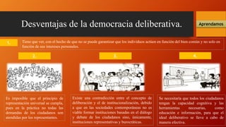 Desventajas de la democracia deliberativa. Aprendamos
Tiene que ver, con el hecho de que no se puede garantizar que los individuos actúen en función del bien común y no solo en
función de sus intereses personales.
2.
Es imposible que el principio de
representación universal se cumpla,
pues en la práctica no todas las
demandas de los ciudadanos son
atendidas por los representantes.
3. 4.
Existe una contradicción entre el concepto de
deliberación y el de institucionalización, debido
a que en las sociedades contemporáneas no es
viable formar instituciones basadas en el diálogo
y debate de los ciudadanos sino, únicamente,
instituciones representativas y burocráticas.
Se necesitaría que todos los ciudadanos
tengan la capacidad cognitiva y las
herramientas necesarias, como
educación e información, para que el
ideal deliberativo se lleve a cabo de
manera efectiva.
1.
 