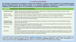 26.- Estudia el transporte de sustancias a través de la membrana y explica en qué consiste el: a) el transporte pasivo
frente al transporte activo. B) La difusión simple. C) La ósmosis (hipotónico, hipertónico e isotónico). D) La difusión
facilitada. E) El transporte activo. F) La exocitosis y la endocitosis (fagocitosis y pinocitosis).
La principal función de la membrana plasmática es regular el transporte, es decir, el intercambio de sustancias entre el exterior y el
interior de la célula. Podemos distinguir dos tipos básicos de transporte: Transporte pasivo (se realiza a favor de gradiente y no
requiere gasto de energía) y transporte activo (se realiza en contra de gradiente y requiere gasto de energía)
 