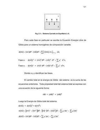 121
Fig. 2.1.- Sistema Cerrado en Equilibrio L-V.
Para cada fase en particular se escribe la Ecuación Energía Libre de
Gibbs para un sistema homogéneo de composición variable.
( ) ( ) ( ) ( )
[ ]
∑ ⋅
∂
∂
+
−
= i
n
,
T
,
P
i dn
n
nG
dT
nS
dP
nV
nG
d j
Fase α : d(nG)α
= (nV)α
dP – (nS)α
dT ∑ α
α
μ
+ i
i n
d
Fase α : d(nG)β
= (nV)β
dP – (nS)β
dT ∑ β
β
μ
+ i
n
d
i
Donde α y β identifican las fases.
El cambio total en la energía de Gibbs del sistema es la suma de las
ecuaciones anteriores. Toda propiedad total del sistema total se expresa con
una ecuación de la siguiente forma:
nM = (nM)α
+ (nM)β
Luego la Energía de Gibbs total del sistema.
d(nG) = d(nG)α
+ d(nVβ
)
( ) ( ) ( )
[ ] ( ) ( )
[ ] ∑ ∑ β
β
α
α
β
α
β
α
μ
+
μ
+
+
−
+
= i
i
i
i dn
dn
dT
nS
dT
nS
dP
nV
nV
nG
n
( ) ( ) ( ) ∑ ∑ β
β
α
α
μ
+
μ
+
−
= i
i
i
i dn
dn
dT
nS
dP
nV
nG
d
 