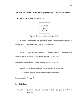 123
2.4. PROPIEDADES DE MEZCLAS (GASEOSAS Y LÍQUIDAS IDEALES:
2.4.1. MEZCLA DE GASES IDEALES:
Fig. 2.2.- Sistema cerrado mezcla gas ideal.
Cuando una mezcla de gas ideal ocupa un volumen total (V) a la
temperatura T. La presión es igual a: V
T
nR
P =
Si nk (moles del componente k) de esa mezcla ocupa el mismo
volumen (V) a la misma T, la presión resulta: V
RT
n
P k
k =
Dividiendo las dos ecuaciones anteriores: k
k
k y
n
n
P
P =
=
donde: yk: Fracción molar de componente k en la mezcla.
Pk: Presión parcial del componente k en la mezcla.
Luego resulta; P
y
P k
k ⋅
=
Ley de Dalton:
∑
= k
P
P (La suma de las presiones parciales es igual a la Presión
total P).
 