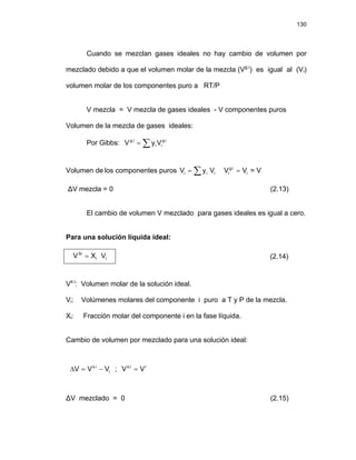 130
Cuando se mezclan gases ideales no hay cambio de volumen por
mezclado debido a que el volumen molar de la mezcla (Vg.i
) es igual al (Vi)
volumen molar de los componentes puro a RT/P
V mezcla = V mezcla de gases ideales - V componentes puros
Volumen de la mezcla de gases ideales:
Por Gibbs: ∑
= i
.
g
i
i
i
.
g
V
y
V
Volumen de los componentes puros ∑
= i
i
i V
y
V = V
i
i
.
g
i V
V =
ΔV mezcla = 0 (2.13)
El cambio de volumen V mezclado para gases ideales es igual a cero.
Para una solución líquida ideal:
i
i
Si
V
X
V = (2.14)
Vs.i
: Volumen molar de la solución ideal.
Vi: Volúmenes molares del componente i puro a T y P de la mezcla.
Xi: Fracción molar del componente i en la fase líquida.
Cambio de volumen por mezclado para una solución ideal:
i
i
.
s
V
V
V −
=
Δ ; i
i
.
s
V
V =
ΔV mezclado = 0 (2.15)
 
