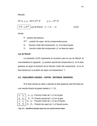 134
Resulta:
P
P
ln
RT
x
y
ln
RT sat
i
i
i = P
P
x
y sat
i
i
i ⇒
sat
i
i
i P
x
P
Y = Ley de Raoult (i – 1, 2, … n) (2.23)
donde:
P: presión del sistema.
sat
i
P : presión de vapor de los componentes puros.
Xi: fracción molar del componente (i) en la fase líquida.
Yi: tracción molar del componente (i) en fase de vapor.
Ley de Raoult
La expresión (2.23) representa la ecuación para la Ley de Raoult, la
cual establece lo siguiente: La presión parcial del componente (i) en la fase
gaseosa es igual al producto de la fracción molar del componente (i) en la
fase líquida por su presión de vapor a la temperatura T.
2.6. EQUILIBRIO LÍQUIDO – VAPOR. SISTEMAS BINARIOS:
Si la fase líquida es ideal y además la fase gaseosa está formada por
una mezcla binaria de gases ideales (i = 1,2).
2
1
2
1
p
p
y
y y1 , y2 : Fracción molar de 1 y 2 en el gas.
P1 , P2: Presión parcial de 1 y 2 en el gas.
2
1
2
1
P
P
x
x X1 , x2 : Fracción molar de 1 y 2 en el líquido.
P1 , P2 : Presión de vapor de 1 y 2 líquido puros.
Fig. 2.3.- Equilibrio líquido-vapor de una mezcla binaria ideal.
 