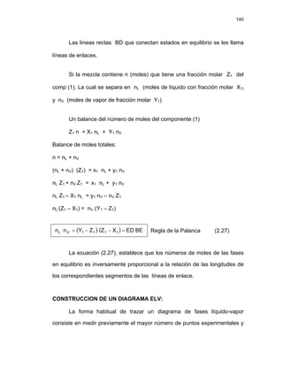 140
Las líneas rectas BD que conectan estados en equilibrio se les llama
líneas de enlaces.
Si la mezcla contiene n (moles) que tiene una fracción molar Z1 del
comp (1). La cual se separa en nL (moles de líquido con fracción molar X1)
y nV (moles de vapor de fracción molar Y1).
Un balance del número de moles del componente (1)
Z1 n = X1 nL + Y1 nV
Balance de moles totales:
n = nL + nV
(nL + nV) (Z1) = x1 nL + y1 nV
nL Z1 + nV Z1 = x1 nL + y1 nV
nL Z1 – X1 nL = y1 nV – nV Z1
nL (Z1 – X1) = nV (Y1 – Z1)
( ) ( ) BE
ED
X
Z
Z
Y
n
n 1
1
1
1
V
L =
−
−
= Regla de la Palanca (2.27)
La ecuación (2.27), establece que los números de moles de las fases
en equilibrio es inversamente proporcional a la relación de las longitudes de
los correspondientes segmentos de las líneas de enlace.
CONSTRUCCION DE UN DIAGRAMA ELV:
La forma habitual de trazar un diagrama de fases líquido-vapor
consiste en medir previamente el mayor número de puntos experimentales y
 