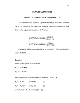 150
EJEMPLOS ILUSTRATIVOS
Ejemplo 2.1. Construcción de Diagrama de ELV
El sistema binario Acetileno (1) / Nitrometano (2) concuerda bastante
con la Ley de Raoult. La presión de vapor de los componentes puros está
dada por las siguientes ecuaciones de Antoine:
( )
( ) 224
C
º
T
2945.47
-
14.2724
kPa
P
Ln Sat
1
+
=
( )
( ) 209
C
º
T
2972.64
2043
.
14
kPa
LnPSat
2
+
−
=
Prepare un gráfico que muestre P en función de X1 y P en función de Y1
para T de 75 ºC.
Solución:
a 75 ºC sustituyendo en la ecuación
kPa
.21
83
1 =
Sat
P
kPa
98
.
41
PSat
2 =
Para cada uno de los componentes (i) tenemos: Sat
i
i
1 P
X
P
Y =
Sat
1
1
1 P
X
P
Y = (Comp 1) (1)
Sat
2
2
2 P
X
P
Y = (comp. 2) (2)
como Y1 + Y2 = 1 ⇒ la suma de (1) y (2)
 