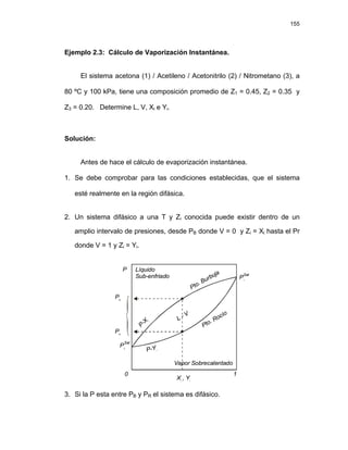 155
Ejemplo 2.3: Cálculo de Vaporización Instantánea.
El sistema acetona (1) / Acetileno / Acetonitrilo (2) / Nitrometano (3), a
80 ºC y 100 kPa, tiene una composición promedio de Z1 = 0.45, Z2 = 0.35 y
Z3 = 0.20. Determine L, V, Xi e Yi.
Solución:
Antes de hace el cálculo de evaporización instantánea.
1. Se debe comprobar para las condiciones establecidas, que el sistema
esté realmente en la región difásica.
2. Un sistema difásico a una T y Zi conocida puede existir dentro de un
amplio intervalo de presiones, desde PB donde V = 0 y Zi = Xi hasta el Pr
donde V = 1 y Zi = Yi.
Sat
P2
Sat
P1
P
X , Y
i i
Vapor Sobrecalentado
L - V
PB
PR
P-X i
P-Yi
Líquido
Sub-enfriado
Pto. Burbuja
Pto. Rocío
0 1
3. Si la P esta entre PB y PR el sistema es difásico.
 