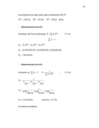 156
Las presiones de vapor para cada componente a 80 ºC
( )
kPa
50.23
P
97.84;
P
195.75;
P Sat
3
Sat
2
Sat
1 =
=
=
− Determinación de la PB
Condición del Punto de Burbuja ∑
= Sat
i
i P
X
P P = PB
∑ = 1
Yi
Sat
3
3
Sat
2
2
Sat
1
1
B P
X
P
X
P
X
P +
+
=
( )( ) ( )( ) ( )( )
50.32
0.20
97.84
0.35
195.75
0.45
PB +
+
=
kPa
132.40
PB =
− Determinación de la PR
Condición es ∑ = 1
Xi
∑
= Sat
i
i P
Y
1
P ; P = PR
Sat
3
3
Sat
2
2
Sat
1
1
R
P
Y
P
Y
P
Y
1
P
+
+
=
50.32
0.20
97.84
0.35
195.75
0.45
1
PR
+
+
=
PR = 101.52 kPa como PR < P < PB
El sistema es difásico
 