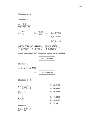 157
Cálculo de V y L:
Cálculo de V:
( )
1
1
k
V
1
k
Z
i
i
i
=
−
+
∑
P
P
k
Sat
i
i =
110
19.75
ki = ⇒ k1 = 1.7795
k2 = 0.8895
k3 = 0.4575
( )( ) ( )( ) ( )( ) 1
V
5425
.
0
1
4575
.
0
20
.
0
V
1105
.
0
1
8895
.
0
35
.
0
V
0.7795
1
1.7795
0.45
=
−
+
−
+
+
se asumen valores de V hasta que se cumpla la igualdad.
. V = 0.7364 mol
Cálculo de L:
L = 1 – V = 1 – 0.7364
⇒ . L = 0.2636 mol
Cálculo de Yi , Xi
( )
1
k
V
1
k
Z
Y
i
i
i
i
−
+
=
∑ = 1
i
Y
Y1 = 0.5087
Y2 = 0.3389
Y3 = 0.1524
i
i
i
k
Y
X =
X1 = 0.2859
X2 = 0.3810
X3 = 0.331
Se cumple:
1
=
= ∑
∑ i
i X
Y
 