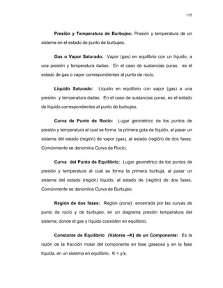 117
Presión y Temperatura de Burbujeo: Presión y temperatura de un
sistema en el estado de punto de burbujeo.
Gas o Vapor Saturado: Vapor (gas) en equilibrio con un líquido, a
una presión y temperatura dadas. En el caso de sustancias puras, es el
estado de gas o vapor correspondientes al punto de rocío.
Líquido Saturado: Líquido en equilibrio con vapor (gas) a una
presión y temperatura dadas. En el caso de sustancias puras, es el estado
de líquido correspondientes al punto de burbujeo.
Curva de Punto de Rocío: Lugar geométrico de los puntos de
presión y temperatura al cual se forma la primera gota de líquido, al pasar un
sistema del estado (región) de vapor (gas), al estado (región) de dos fases.
Comúnmente se denomina Curva de Rocío.
Curva del Punto de Equilibrio: Lugar geométrico de los puntos de
presión y temperatura al cual se forma la primera burbuja, al pasar un
sistema del estado (región) líquido, al estado de (región) de dos fases.
Comúnmente se denomina Curva de Burbujeo.
Región de dos fases: Región (zona) encerrada por las curvas de
punto de rocío y de burbujeo, en un diagrama presión temperatura del
sistema, donde el gas y líquido coexisten en equilibrio.
Constante de Equilibrio (Valores –K) de un Componente: Es la
razón de la fracción molar del componente en fase gaseosa y en la fase
líquida, en un sistema en equilibrio, K = y/x.
 