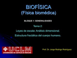 BIOFÍSICA
(Física biomédica)
Prof. Dr. Jorge Rodrigo Rodríguez
Tema 2:
Leyes de escala: Análisis dimensional.
Estructura fractálica del cuerpo humano.
BLOQUE 1: GENERALIDADES
 