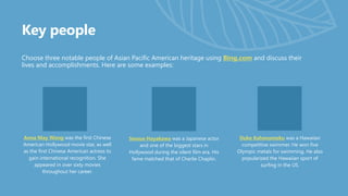 Key people
Choose three notable people of Asian Pacific American heritage using Bing.com and discuss their
lives and accomplishments. Here are some examples:
Anna May Wong was the first Chinese
American Hollywood movie star, as well
as the first Chinese American actress to
gain international recognition. She
appeared in over sixty movies
throughout her career.
Sessue Hayakawa was a Japanese actor
and one of the biggest stars in
Hollywood during the silent film era. His
fame matched that of Charlie Chaplin.
Duke Kahanamoku was a Hawaiian
competitive swimmer. He won five
Olympic metals for swimming. He also
popularized the Hawaiian sport of
surfing in the US.
 
