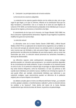 13
8. Conclusión: Los principios básicos de la teoría evolutiva.
La herencia de los caracteres adquiridos
La evolución de las especies guarda relación con los estilos de vida, esto es que
según lo que hagas y a lo que te entrenes, influirás en la constitución física que tus
hijos heredarán y transmitirán. Este es el núcleo de la teoría de Jean Baptiste de
Lamarck (1744-1829), Las transformaciones producidas en los individuos por el uso y el
desuso de los órganos y estructuras se transmiten a los hijos.
El conocimiento de las leyes de la herencia, de Gregor Mendel (1822-1884) nos
lleva a descartar el planteamiento lamarckista. Hagamos lo que hagamos no podemos
modificar los genes de nuestros hijos.
La selección natural
La alternativa viene de la mano Charles Darwin (1809-1882) y Alfred Russell
Wallace (1823-1913). La explicación de la relación de los organismos con su hábitat, se
da a través del concepto de selección natural. Los animales están en competencia por
unos recursos que son limitados y sólo unos pocos llegan a reproducirse. Dado que
genéticamente son diferentes los individuos de una misma especie, unos se verán más
favorecidos que otros. La selección natural preservará las variaciones favorables y
destruye las desfavorables.
Las diferentes especies están continuamente amenazadas y ciertas ventajas
genéticas pueden ser relevantes para perpetuarse. Las variantes genéticas dependen
de las circunstancias del medio ambiente, lo que es favorable en un momento puede
no serlo en otro. En el camino de evolución (que no persigue un objeto determinado),
hay varios factores influyentes, como las mutaciones o el azar. Las primeras se dan
cuando nacen individuos con variantes nuevas, modifican con el tiempo las especies. El
azar puede influir, por ejemplo, seleccionando individuos que sobrevivan a una
catástrofe ecológica, cuyas características pueden ser diferentes de la población
original y dar un nuevo impulso a la evolución.
Los debates actuales giran en torno a la influencia del factor tiempo. ¿La evolución
es lenta, gradual u obedece a transformaciones radicales? ¿cómo la selección detecta
los cambios y los favorece?. Están dentro del marco de la teoría llamada
neodarwinismo que sintetiza las ideas de Darwin, la genética o la paleontología.
 
