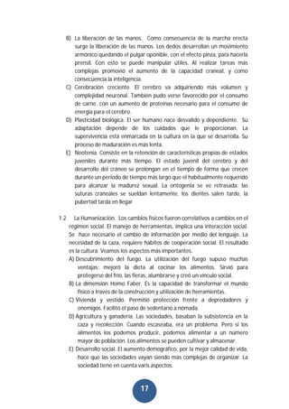 17
B) La liberación de las manos. Como consecuencia de la marcha erecta
surge la liberación de las manos. Los dedos desarrollan un movimiento
armónico quedando el pulgar oponible, con el efecto pinza, para hacerla
prensil. Con esto se puede manipular útiles. Al realizar tareas más
complejas promovió el aumento de la capacidad craneal, y como
consecuencia la inteligencia.
C) Cerebración creciente. El cerebro va adquiriendo más volumen y
complejidad neuronal. También pudo verse favorecido por el consumo
de carne, con un aumento de proteínas necesario para el consumo de
energía para el cerebro.
D) Plasticidad biológica. El ser humano nace desvalido y dependiente. Su
adaptación depende de los cuidados que le proporcionan. La
supervivencia está enmarcada en la cultura en la que se desarrolla. Su
proceso de maduración es más lenta.
E) Neotenia. Consiste en la retención de características propias de estados
juveniles durante más tiempo. El estado juvenil del cerebro y del
desarrollo del cráneo se prolongan en el tiempo de forma que crecen
durante un periodo de tiempo más largo que el habitualmente requerido
para alcanzar la madurez sexual. La ontogenia se ve retrasada: las
suturas craneales se sueldan lentamente, los dientes salen tarde, la
pubertad tarda en llegar
1.2 La Humanización. Los cambios físicos fueron correlativos a cambios en el
régimen social. El manejo de herramientas, implica una interacción social.
Se hace necesario el cambio de información por medio del lenguaje. La
necesidad de la caza, requiere hábitos de cooperación social. El resultado
es la cultura. Veamos los aspectos más importantes.
A) Descubrimiento del fuego. La utilización del fuego supuso muchas
ventajas: mejoró la dieta al cocinar los alimentos. Sirvió para
protegerse del frío, las fieras, alumbrarse y creó un vínculo social.
B) La dimensión Homo Faber. Es la capacidad de transformar el mundo
físico a través de la construcción y utilización de herramientas.
C) Vivienda y vestido. Permitió protección frente a depredadores y
enemigos. Facilitó el paso de sedentario a nómada.
D) Agricultura y ganadería. Las sociedades, basaban la subsistencia en la
caza y recolección. Cuando escaseaba, era un problema. Pero si los
alimentos los podemos producir, podemos alimentar a un número
mayor de población. Los alimentos se pueden cultivar y almacenar.
E) Desarrollo social. El aumento demográfico, por la mejor calidad de vida,
hace que las sociedades vayan siendo más complejas de organizar. La
sociedad tiene en cuenta varis aspectos.
 