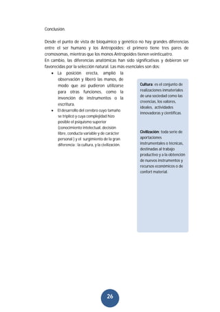 26
Conclusión.
Desde el punto de vista de bioquímico y genético no hay grandes diferencias
entre el ser humano y los Antropoides; el primero tiene tres pares de
cromosomas, mientras que los monos Antropoides tienen veinticuatro.
En cambio, las diferencias anatómicas han sido significativas y debieron ser
favorecidas por la selección natural. Las más esenciales son dos:
 La posición erecta, amplió la
observación y liberó las manos, de
modo que así pudieron utilizarse
para otras funciones, como la
invención de instrumentos o la
escritura.
 El desarrollo del cerebro cuyo tamaño
se triplicó y cuya complejidad hizo
posible el psiquismo superior
(conocimiento intelectual, decisión
libre, conducta variable y de carácter
personal ) y el surgimiento de la gran
diferencia : la cultura, y la civilización.
Cultura: es el conjunto de
realizaciones inmateriales
de una sociedad como las
creencias, los valores,
ideales, actividades
innovadoras y científicas.
Civilización: toda serie de
aportaciones
instrumentales o técnicas,
destinadas al trabajo
productivo y a la obtención
de nuevos instrumentos y
recursos económicos o de
confort material.
 
