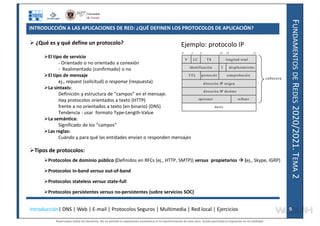 F
UNDAMENTOS
DE
R
EDES
2020/2021.
T
EMA
2
 ¿Qué es y qué define un protocolo?
El tipo de servicio
- Orientado o no orientado a conexión
- Realimentado (confirmado) o no
El tipo de mensaje
ej., request (solicitud) o response (respuesta)
La sintaxis:
Definición y estructura de “campos” en el mensaje.
Hay protocolos orientados a texto (HTTP)
frente a no orientados a texto (en binario) (DNS)
Tendencia : usar formato Type-Length-Value
La semántica:
Significado de los “campos”
Las reglas:
Cuándo y para qué las entidades envian o responden mensajes
Tipos de protocolos:
Protocolos de dominio público (Definidos en RFCs (ej., HTTP, SMTP)) versus propietarios  (ej., Skype, IGRP)
Protocolos in-band versus out-of-band
Protocolos stateless versus state-full
Protocolos persistentes versus no-persistentes (sobre servicios SOC)
0 4 8 16 19 31
V LC TS longitud total
identificación I desplazamiento
TTL protocolo comprobación
dirección IP origen
dirección IP destino
opciones relleno
datos
cabecera
INTRODUCCIÓN A LAS APLICACIONES DE RED: ¿QUÉ DEFINEN LOS PROTOCOLOS DE APLICACIÓN?
Introducción| DNS | Web | E-mail | Protocolos Seguros | Multimedia | Red local | Ejercicios 9
Ejemplo: protocolo IP
Reservados todos los derechos. No se permite la explotación económica ni la transformación de esta obra. Queda permitida la impresión en su totalidad.
a64b0469ff35958ef4ab887a898bd50bdfbbe91a-7121228
 