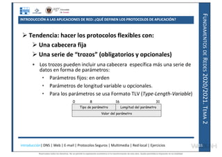 F
UNDAMENTOS
DE
R
EDES
2020/2021.
T
EMA
2
INTRODUCCIÓN A LAS APLICACIONES DE RED: ¿QUÉ DEFINEN LOS PROTOCOLOS DE APLICACIÓN?
 Tendencia: hacer los protocolos flexibles con:
 Una cabecera fija
 Una serie de “trozos” (obligatorios y opcionales)
• Los trozos pueden incluir una cabecera específica más una serie de
datos en forma de parámetros:
• Parámetros fijos: en orden
• Parámetros de longitud variable u opcionales.
• Para los parámetros se usa Formato TLV (Type-Length-Variable)
Valor del parámetro
Tipo de parámetro Longitud del parámetro
0 8 16 31
Introducción| DNS | Web | E-mail | Protocolos Seguros | Multimedia | Red local | Ejercicios 11
11
Reservados todos los derechos. No se permite la explotación económica ni la transformación de esta obra. Queda permitida la impresión en su totalidad.
a64b0469ff35958ef4ab887a898bd50bdfbbe91a-7121228
 