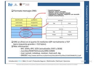 F
UNDAMENTOS
DE
R
EDES
2020/2021.
T
EMA
2
 Formato mensajes DNS:
 DNS se ofrece en el puerto 53 mediante UDP normalmente o TCP
(para respuestas grandes > 512 bytes).
 Más información:
- RFC 1034 y RFC 1035 (actualizados 3597 y 3658)
- /usr/doc/HOWTO/trans/es/DNS-COMO
- man named, nslookup, resolver, host.conf, dig
- DNSSEC http://www.dominios.es/dominios/sites/dominios/files/1318333648229_0.pdf
sadicional ....
sautoridad ....
srespuesta ....
ssolicitud ....
nadicionales
nautoridades
nrespuestas
nsolicitudes
parámetro
identificación
16 31
0
16 31
0
clase
tipo
solicitud .....
datos ....
longitud
tiempo
clase
tipo
recurso .....
16 31
0
• Consulta/respuesta.
• Repuesta con/sin autoridad.
• Consulta con/sin recursión deseada.
• Disponible/no disponible respuestas con recursión.
• Consulta directa/inversa.
Introducción| DNS | Web | E-mail | Protocolos Seguros | Multimedia | Red local | Ejercicios 28
28
Reservados todos los derechos. No se permite la explotación económica ni la transformación de esta obra. Queda permitida la impresión en su totalidad.
a64b0469ff35958ef4ab887a898bd50bdfbbe91a-7121228
 