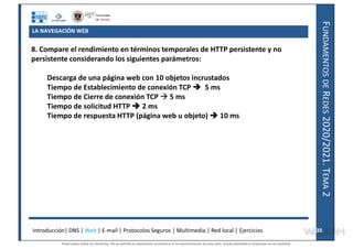 F
UNDAMENTOS
DE
R
EDES
2020/2021.
T
EMA
2
LA NAVEGACIÓN WEB
8. Compare el rendimiento en términos temporales de HTTP persistente y no
persistente considerando los siguientes parámetros:
Descarga de una página web con 10 objetos incrustados
Tiempo de Establecimiento de conexión TCP  5 ms
Tiempo de Cierre de conexión TCP  5 ms
Tiempo de solicitud HTTP  2 ms
Tiempo de respuesta HTTP (página web u objeto)  10 ms
Introducción| DNS | Web | E-mail | Protocolos Seguros | Multimedia | Red local | Ejercicios 38
38
Reservados todos los derechos. No se permite la explotación económica ni la transformación de esta obra. Queda permitida la impresión en su totalidad.
a64b0469ff35958ef4ab887a898bd50bdfbbe91a-7121228
 