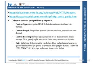 F
UNDAMENTOS
DE
R
EDES
2020/2021.
T
EMA
2
LA NAVEGACIÓN WEB: Protocolo HTTP 1.1 (RFC 2616)
Introducción| DNS | Web | E-mail | Protocolos Seguros | Multimedia | Red local | Ejercicios 40
40
https://developer.mozilla.org/es/docs/Web/HTTP/Headers
https://www.tutorialspoint.com/http/http_quick_guide.htm
Reservados todos los derechos. No se permite la explotación económica ni la transformación de esta obra. Queda permitida la impresión en su totalidad.
a64b0469ff35958ef4ab887a898bd50bdfbbe91a-7121228
 