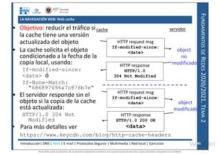 F
UNDAMENTOS
DE
R
EDES
2020/2021.
T
EMA
2
LA NAVEGACIÓN WEB: Web cache
cache servidor
HTTP request msg
If-modified-since:
<date>
HTTP response
HTTP/1.0
304 Not Modified
object
no
modificado
HTTP request msg
If-modified-since:
<date>
HTTP response
HTTP/1.0 200 OK
<data>
object
modificado
• Objetivo: reducir el tráfico si
la cache tiene una versión
actualizada del objeto
• La cache solicita el objeto
condicionado a la fecha de la
copia local, usando:
If-modified-since:
<date> ó
If-None-Match:
"686897696a7c876b7e“
• El servidor responde sin el
objeto si la copia de la cache
está actualizada:
HTTP/1.0 304 Not
Modified
• Para más detalles ver
Introducción| DNS | Web | E-mail | Protocolos Seguros | Multimedia | Red local | Ejercicios 46
46
https://www.keycdn.com/blog/http-cache-headers
Reservados todos los derechos. No se permite la explotación económica ni la transformación de esta obra. Queda permitida la impresión en su totalidad.
a64b0469ff35958ef4ab887a898bd50bdfbbe91a-7121228
 