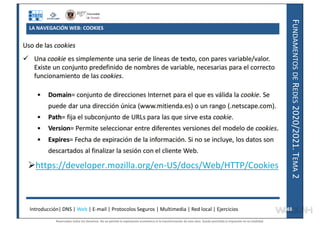 F
UNDAMENTOS
DE
R
EDES
2020/2021.
T
EMA
2
LA NAVEGACIÓN WEB: COOKIES
Introducción| DNS | Web | E-mail | Protocolos Seguros | Multimedia | Red local | Ejercicios 48
48
https://developer.mozilla.org/en-US/docs/Web/HTTP/Cookies
Reservados todos los derechos. No se permite la explotación económica ni la transformación de esta obra. Queda permitida la impresión en su totalidad.
a64b0469ff35958ef4ab887a898bd50bdfbbe91a-7121228
 