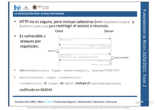 F
UNDAMENTOS
DE
R
EDES
2020/2021.
T
EMA
2
• HTTP no es seguro, pero incluye cabeceras (WWW-Authenticate y
Authorization)para restringir el acceso a recursos.
• Es vulnerable a
ataques por
repetición.
• WWW-Authenticate: <type> realm=<realm>[, charset="UTF-8"]
• Authorization: <type> <credentials>
<credentials> si <type> es BASIC incluye el username:password
codificado en BASE64
LA NAVEGACIÓN WEB: ACCESO RESTRIGIDO
Introducción| DNS | Web | E-mail | Protocolos Seguros | Multimedia | Red local | Ejercicios 50
50
Reservados todos los derechos. No se permite la explotación económica ni la transformación de esta obra. Queda permitida la impresión en su totalidad.
a64b0469ff35958ef4ab887a898bd50bdfbbe91a-7121228
 