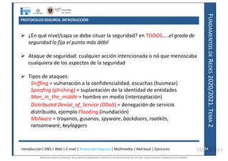 F
UNDAMENTOS
DE
R
EDES
2020/2021.
T
EMA
2
PROTOCOLOS SEGUROS: INTRODUCCIÓN
 ¿En qué nivel/capa se debe situar la seguridad? en TODOS…..el grado de
seguridad lo fija el punto más débil
 Ataque de seguridad: cualquier acción intencionada o nó que menoscaba
cualquiera de los aspectos de la seguridad
 Tipos de ataques:
Sniffing = vulneración a la confidencialidad, escuchas (husmear)
Spoofing (phishing) = suplantación de la identidad de entidades
Man_in_the_middle = hombre en medio (interceptación)
Distributed Denial_of_Service (DDoS) = denegación de servicio
distribuido, ejemplo Flooding (inundación)
Malware = troyanos, gusanos, spyware, backdoors, rootkits,
ransomware, keyloggers
Introducción| DNS | Web | E-mail | Protocolos Seguros | Multimedia | Red local | Ejercicios 74
74
Reservados todos los derechos. No se permite la explotación económica ni la transformación de esta obra. Queda permitida la impresión en su totalidad.
a64b0469ff35958ef4ab887a898bd50bdfbbe91a-7121228
 