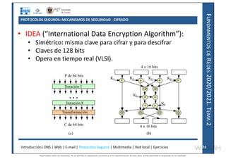 F
UNDAMENTOS
DE
R
EDES
2020/2021.
T
EMA
2
PROTOCOLOS SEGUROS: MECANISMOS DE SEGURIDAD - CIFRADO
• IDEA (“International Data Encryption Algorithm”):
• Simétrico: misma clave para cifrar y para descifrar
• Claves de 128 bits
• Opera en tiempo real (VLSI).
Introducción| DNS | Web | E-mail | Protocolos Seguros | Multimedia | Red local | Ejercicios 78
78
. . .
Iteración 1
Iteración 8
Transformación
P de 64 bits
C de 64 bits
(a)
K1 K3
K2
K5
K4
K6
4 x 16 bits
4 x 16 bits
(b)
Reservados todos los derechos. No se permite la explotación económica ni la transformación de esta obra. Queda permitida la impresión en su totalidad.
a64b0469ff35958ef4ab887a898bd50bdfbbe91a-7121228
 
